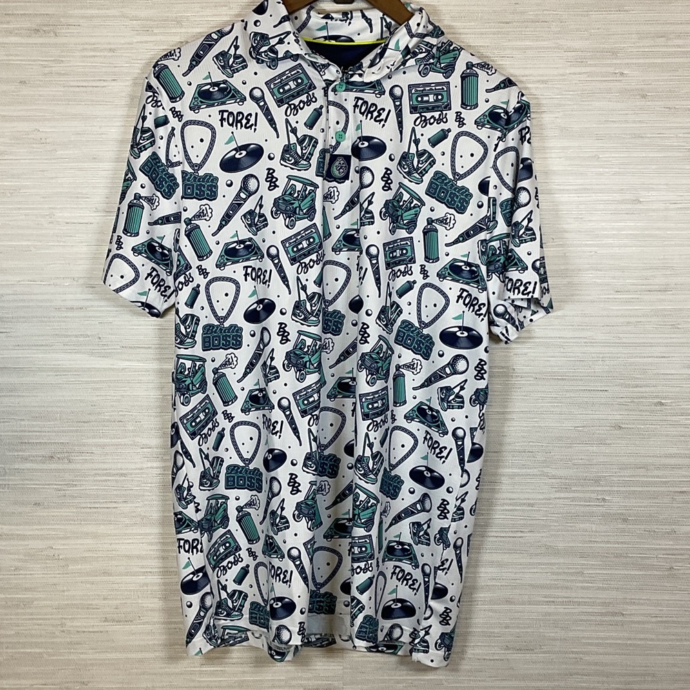 Men’s BirdieBoss Straight Outta Bounds Golf Polo Cyan Blue Microphone Record Lg